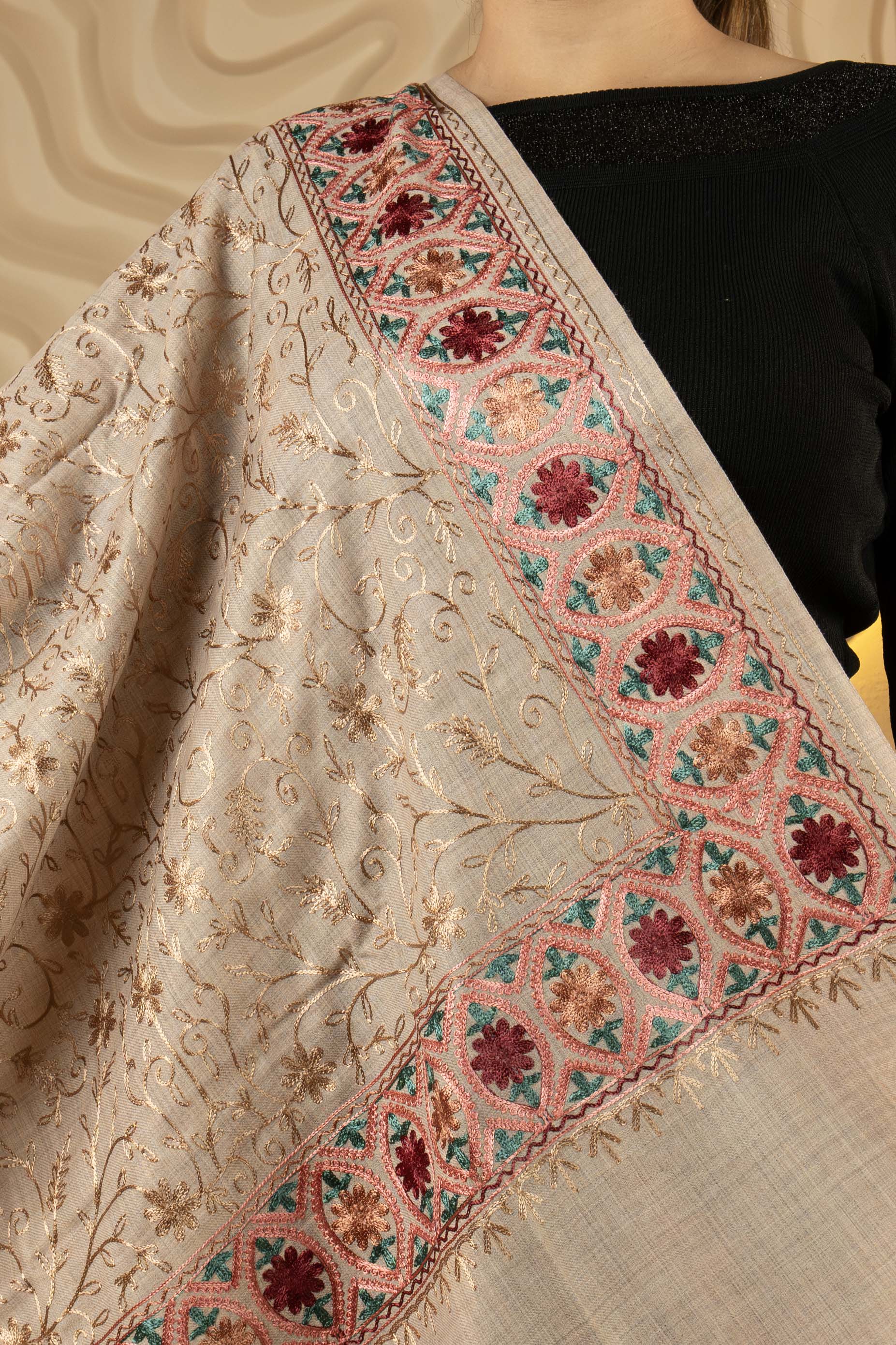 Aari Embroidered Beige Poly Wool Stole For Women